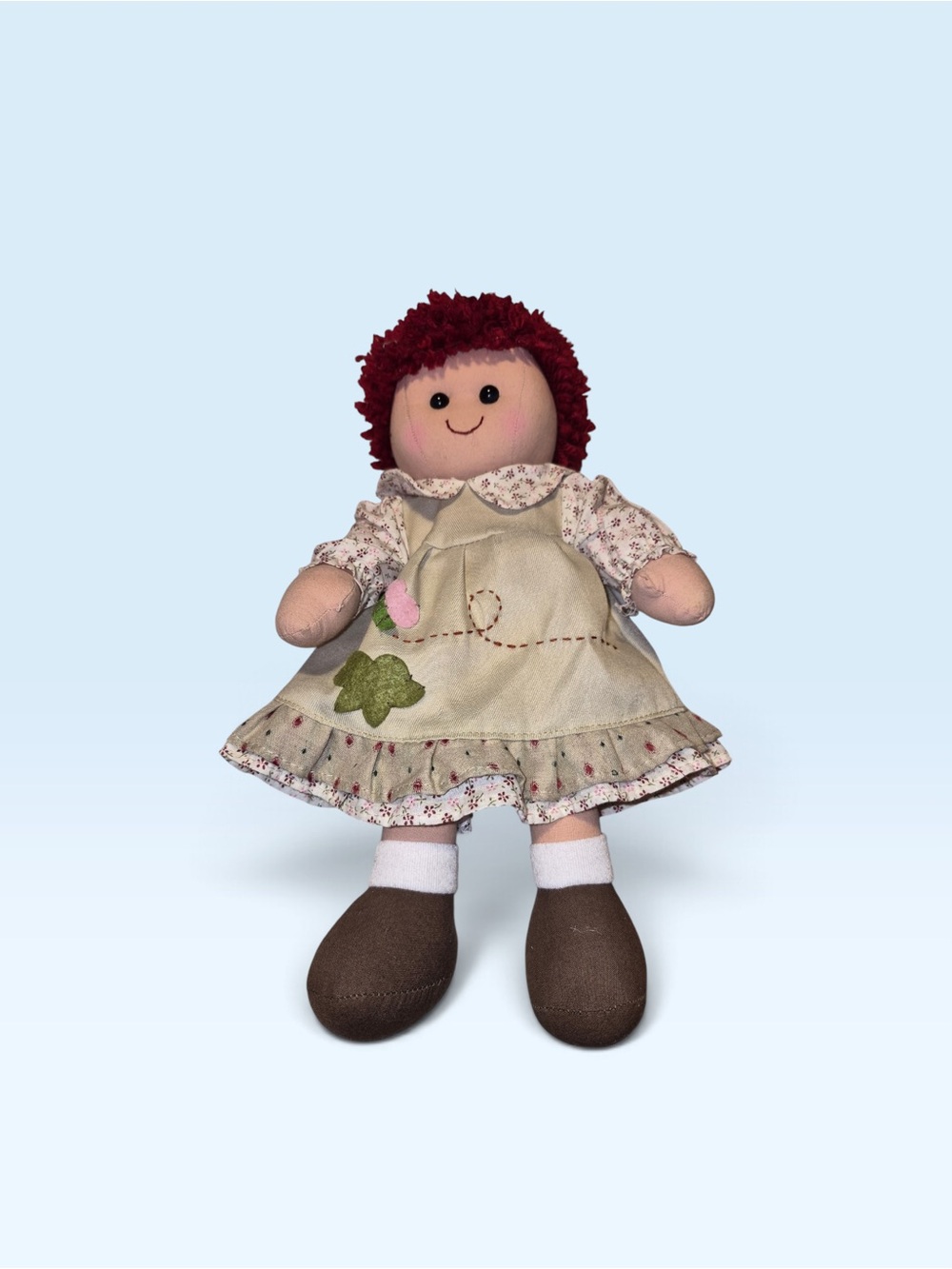 Plush Rag Doll with Burgundy Yarn Hair and Beige Dress